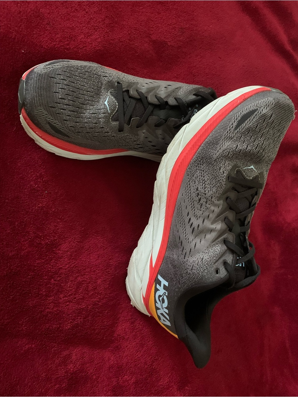 Hoka one one Clifton8 Men's Gray Running Shoes with red gold, size 12 D